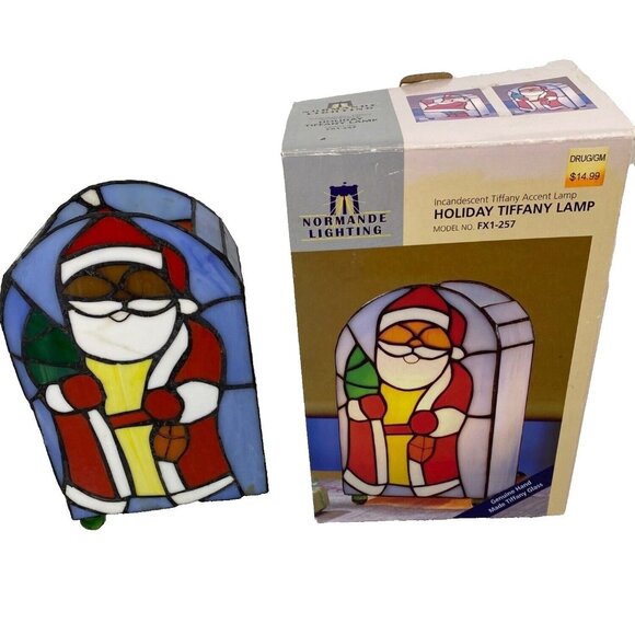 Christmas Stained Glass Santa Claus Tiffany Style Accent Lamp Style FX1-257 NOS - Picture 7 of 16